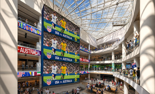 A rendering of Pacific Place with a large screen for watch parties