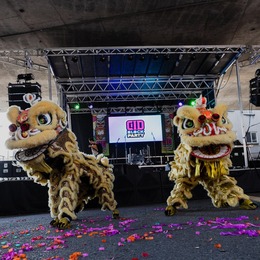 CID Block Party photo with lion dancers in front