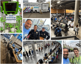 collage of photos of technology equipment and people smiling for the camera