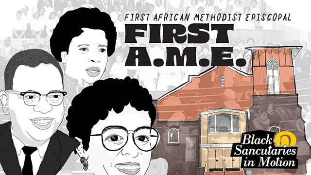 An illustration with three faces and the First A.M.E. Church.