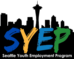 SYEP Logo, Black Silhouette of Seattle Skyline in background, Seattle Youth Employment Program titled below