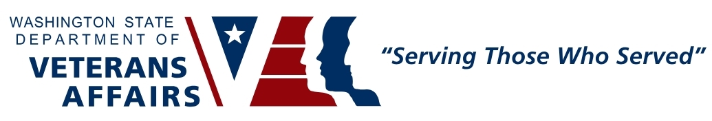 Washington State Department of Veterans Affairs Logo: Red, white, and blue graphic of flag and silhouettes, text reads "serving those who served"