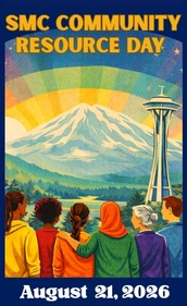 Illustration of diverse people overlooking the Seattle space needle, a mountain, lake, and forests with a beautiful rainbow sky.