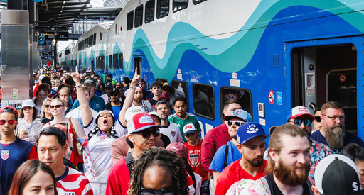 People riding the Sound Transit light rail during the 2026 FIFA Men's World Cup
