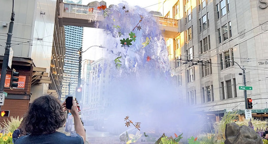 A rendering of what augmented reality artwork “Parasitic Healing Bath” by Divine Ndemeye looks like with a phone