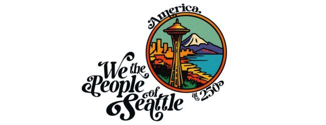 illustration with Seattle skyline in a circle and the words "America, at 250; We the People of Seattle"