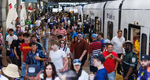A crowded Link station during a 2026 FIFA World Cup game in Downtown Seattle
