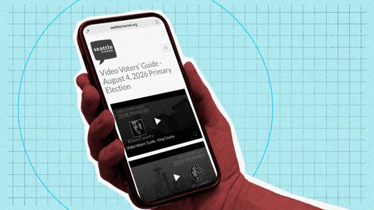 A hand holds a smartphone displaying the Seattle Channel website's "Video Voters' Guide - August 4, 2026 Primary Election" page.
