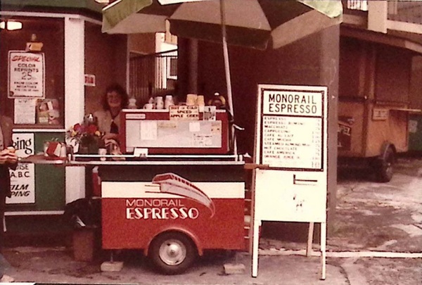 color photo of Monorail Espresso street cart circa 1979