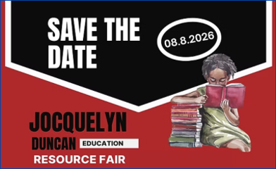 Text reads Jocquelyn Duncan Education Resource Fair on a red background. Illustration of child reading a book from a stack of books.