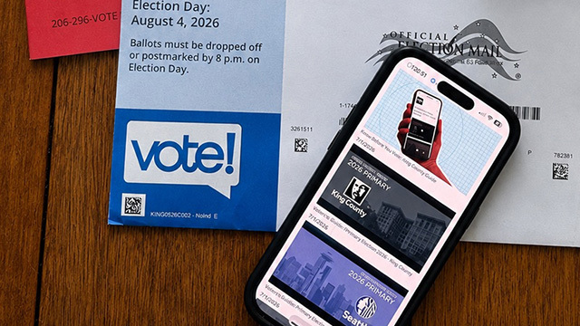 A Video Voters' Guide appears on a phone with a blue ballot.
