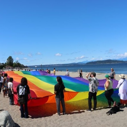 Group of people holding large rainbow flag on the beach.
