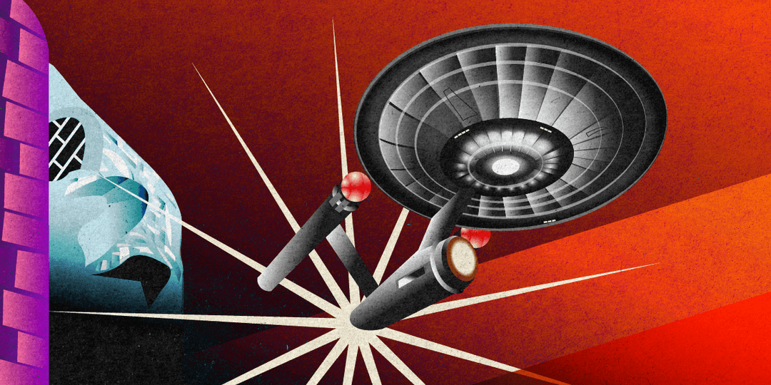 Retro-style illustration of the starship Enterprise flying past a bright starburst against an orange space background.