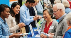 close up photo of older man and woman holding flyers and speaking with vendors at a resource fair booth