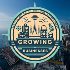Growing small business badge with Seattle skyline in background.