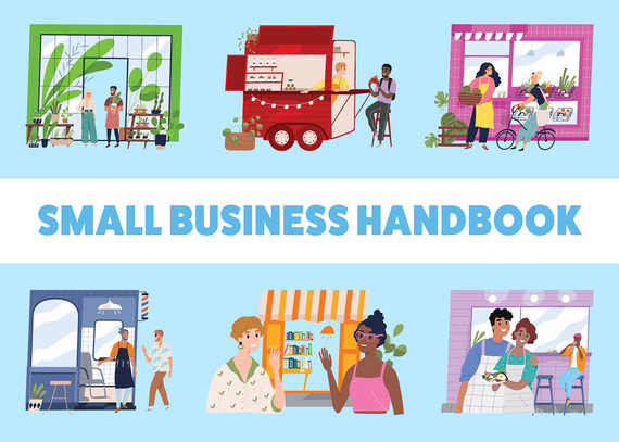 Small Business Handbook cover illustration showing diverse local business scenes.