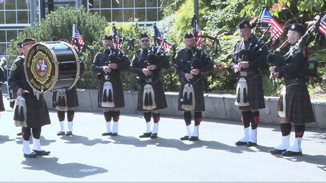 Bagpipers perform during a 9/11 memorial service.