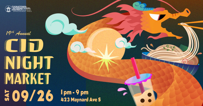Graphic promoting the C-ID Night Market on Sept. 26 with an illustration of a dragon eating ramen and drinking boba