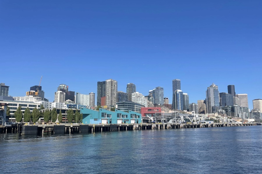 A view of buildings along Seattle's waterfront from the water