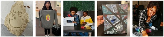 From left to right: clay art project, teen holding printed sweater, adult showing sewing machine to teen, abstract art, and teen working on beaded art