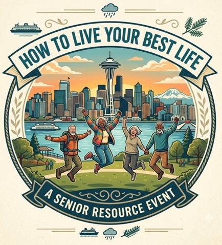 Illustration of seniors jumping in air for joy with Seattle skyline in background. Text reads How to live your best life, a senior resource event.