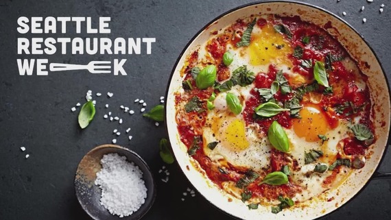 Seattle Restaurant Week graphic featuring a skillet of eggs in tomato sauce on a dark background with event title text. 