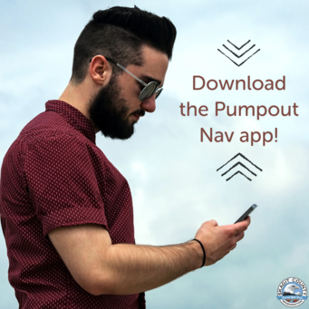 Man holding cell phone with text reading "download the pumpout Nav app"