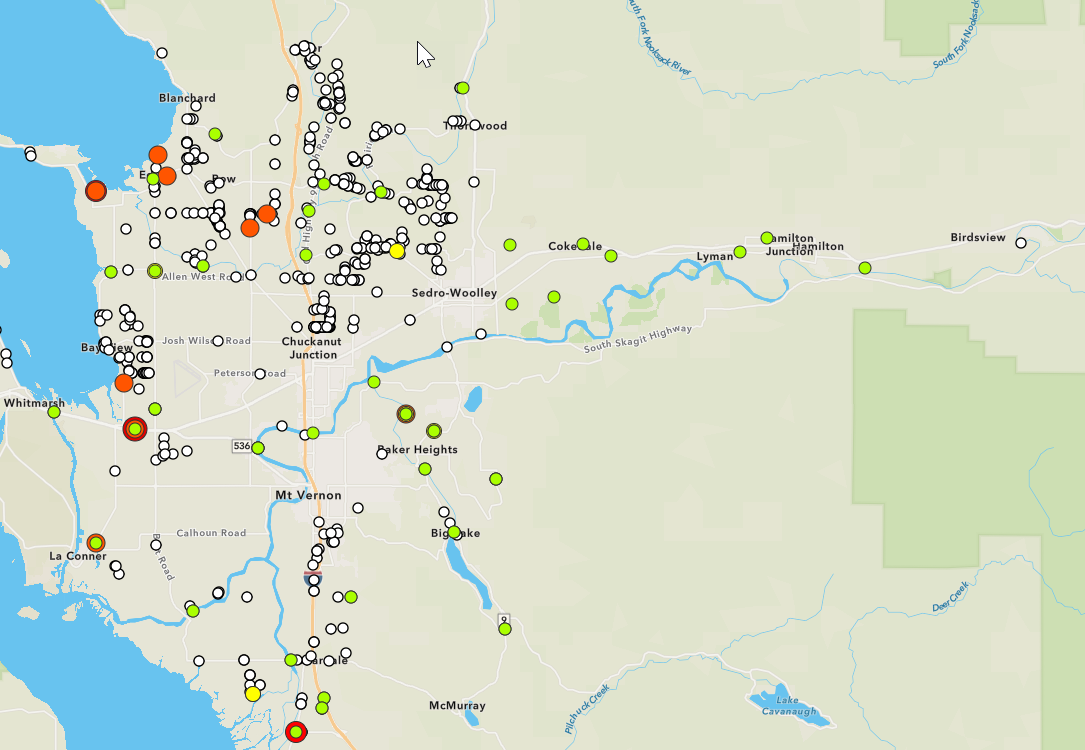 December's water quality results map with red, yellow and green dots representing bacteria levels at sample sites.