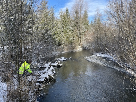 A woman in a bright yellow safety jacket using a sample stick to collect water from a river surrounded by snowy forest.