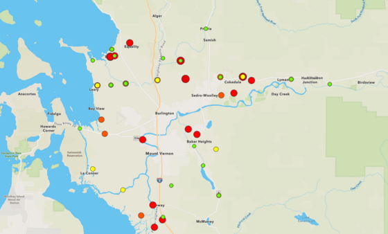Map of August water quality results with red, yellow, and green dots indicating bacteria levels at each sample site.