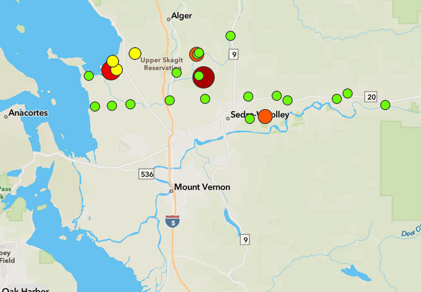 Map of water quality results in November, with green, yellow, and red dots showing bacteria levels.