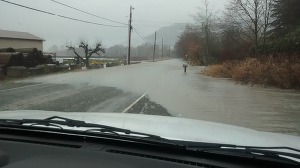 View of a flooded road from inside a car.