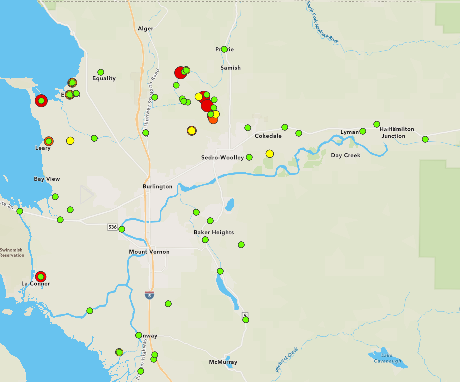 Map of water quality results in Skagit County with red, yellow, and green dots showing bacteria levels.