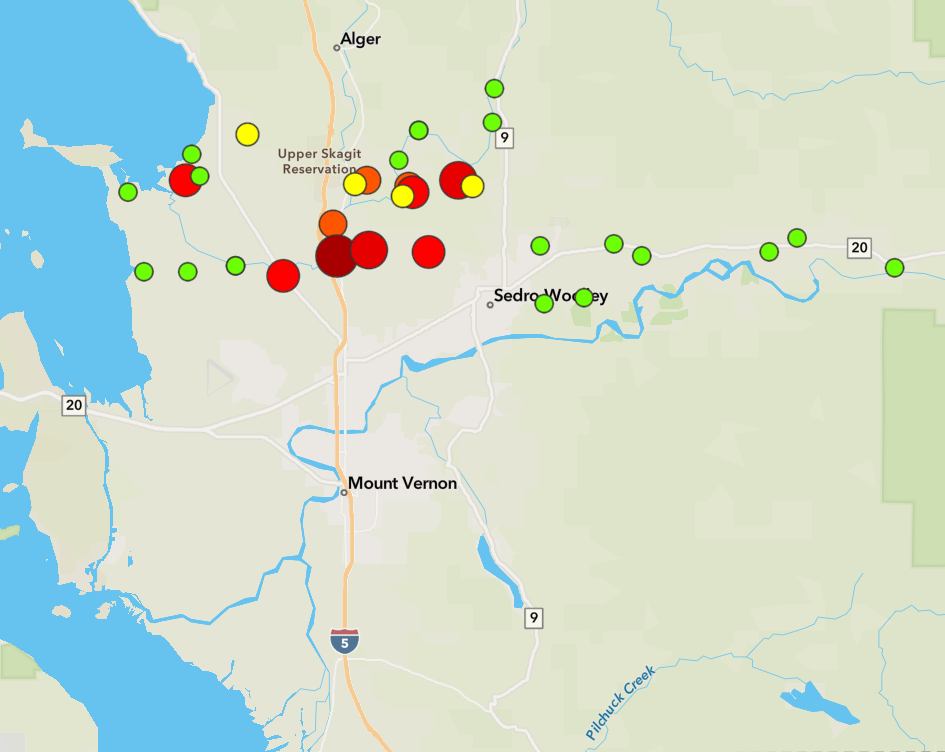 Map of water quality results with red, yellow, and green dots showing bacteria levels and each site.
