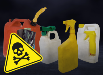 Household hazardous waste products with a skull and crossbones in front of them.