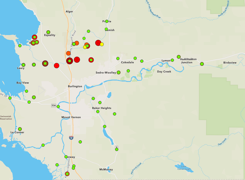 Map of April's water quality results with red, yellow, and green dots showing bacteria levels at each sample site.