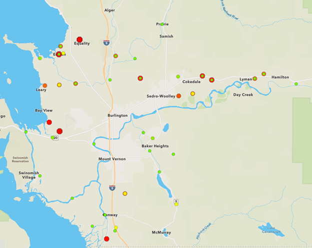 Map of water quality results from May with red, yellow, and green dots showing bacteria levels at each sample site.