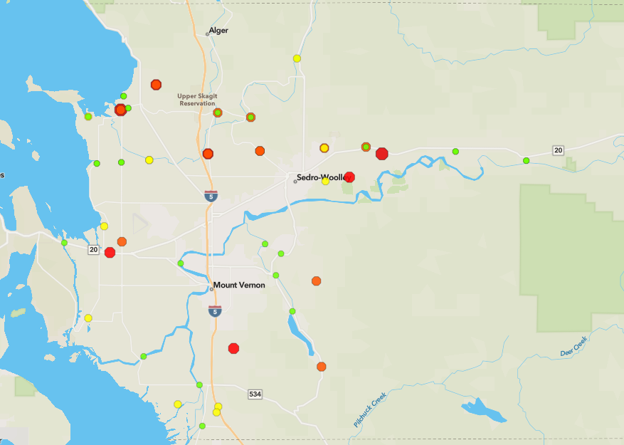 Map of water quality results in July 2026, with red, yellow, and green dots showing bacteria levels at each sample site.