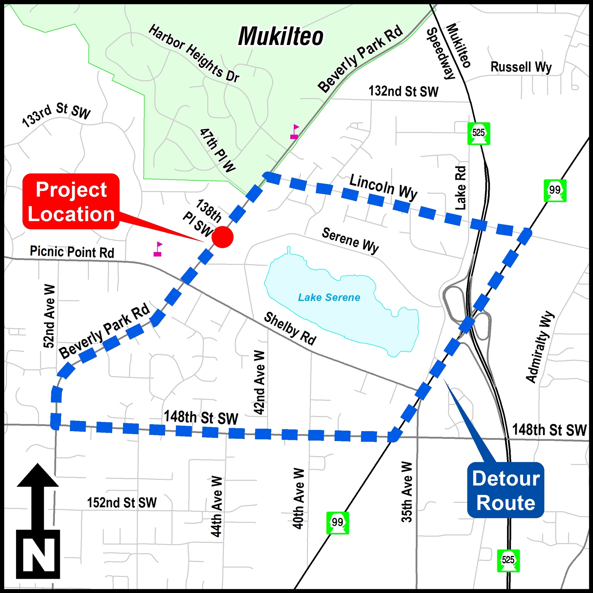 Beverly Park Rd Detour Route Map