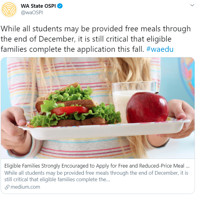 Tweet from OSPI on free and reduced meals for students