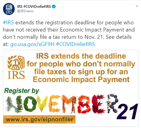 IRS Economic Impact Payment deadline extended to Nov. 21