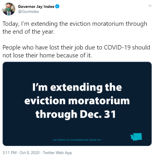 Inslee tweet announcing extension of eviction moratorium thru 12-31-20