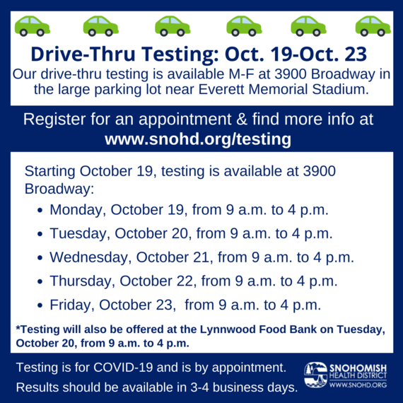COVID Drive-thru testing schedule for Oct. 19-23