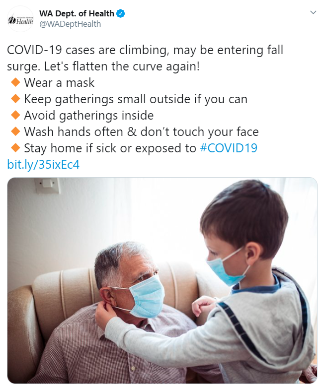 Screenshot of tweet from Dept. of Health on rising case counts 10-20-2020