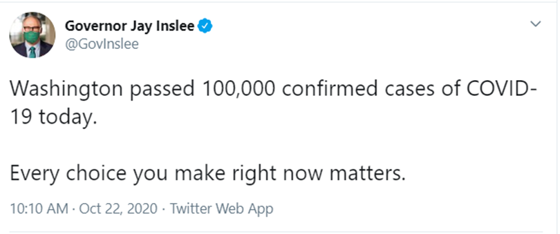 Screenshott of tweet from Gov. Inslee on Washington passing 100,000 confirmed COVID cases