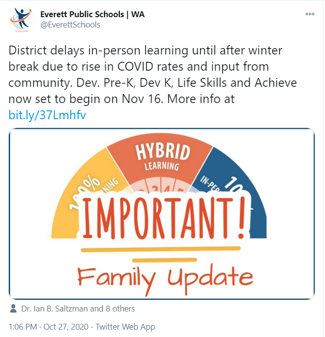 Screenshot of Everett Public School tweet announcing remote instruction until January 2021