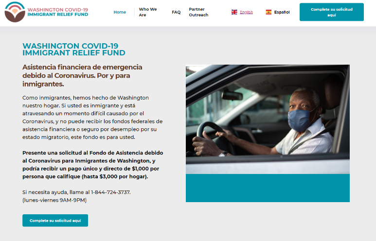 Screenshot of Washington COVID-19 immigrant relief fund webpage