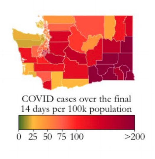 Map of Washington showing COVID-19 case activity by county