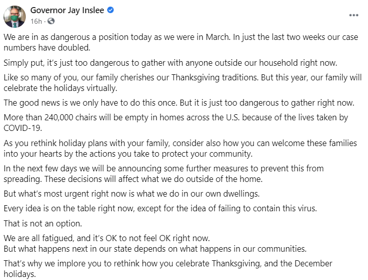 Screenshot of Facebook post from Gov. Inslee imploring people to stay home for holidays
