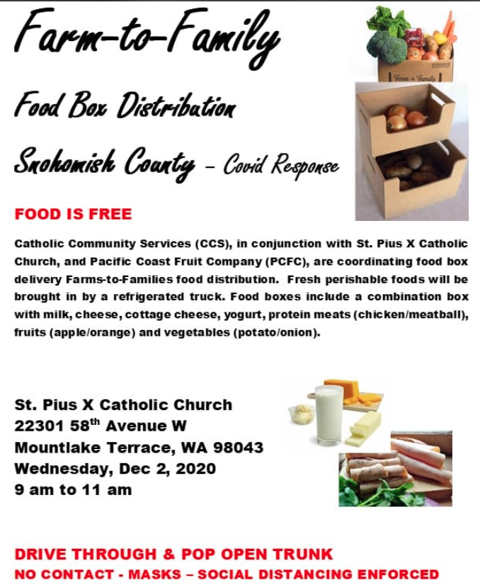 Advertisement for Farm to Family food box distribution 12-2-2020